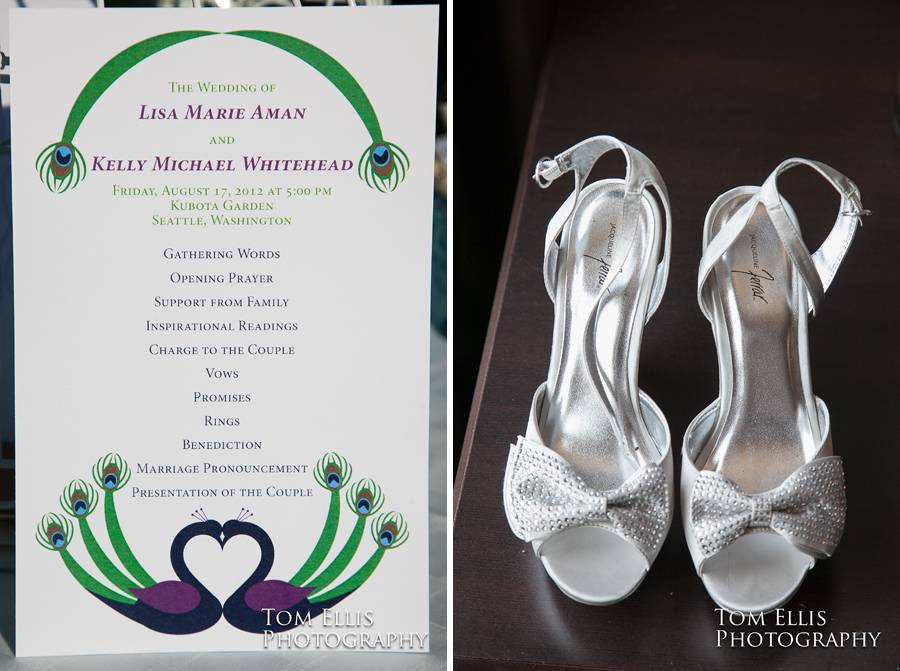 A photo of the wedding ceremony itinerary, and a close up photo of the bride's shoes