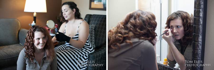 The maid of honor helps with the bride's hair, and a mirror shot of the bride putting on her makeup