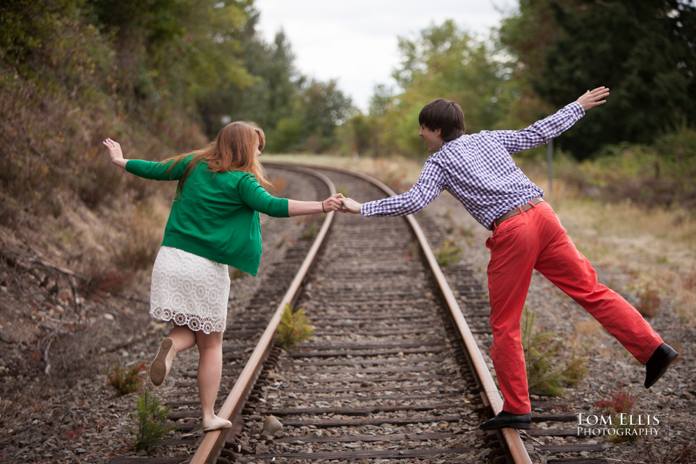 Trevor and Aurora balance wildly on the old train tracks near the Wilburton trestle