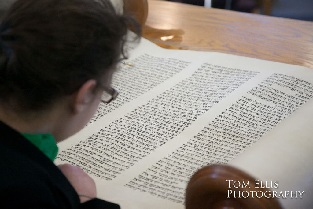 Close up shot of Becca reading the Torah at her Bat Mitzvah