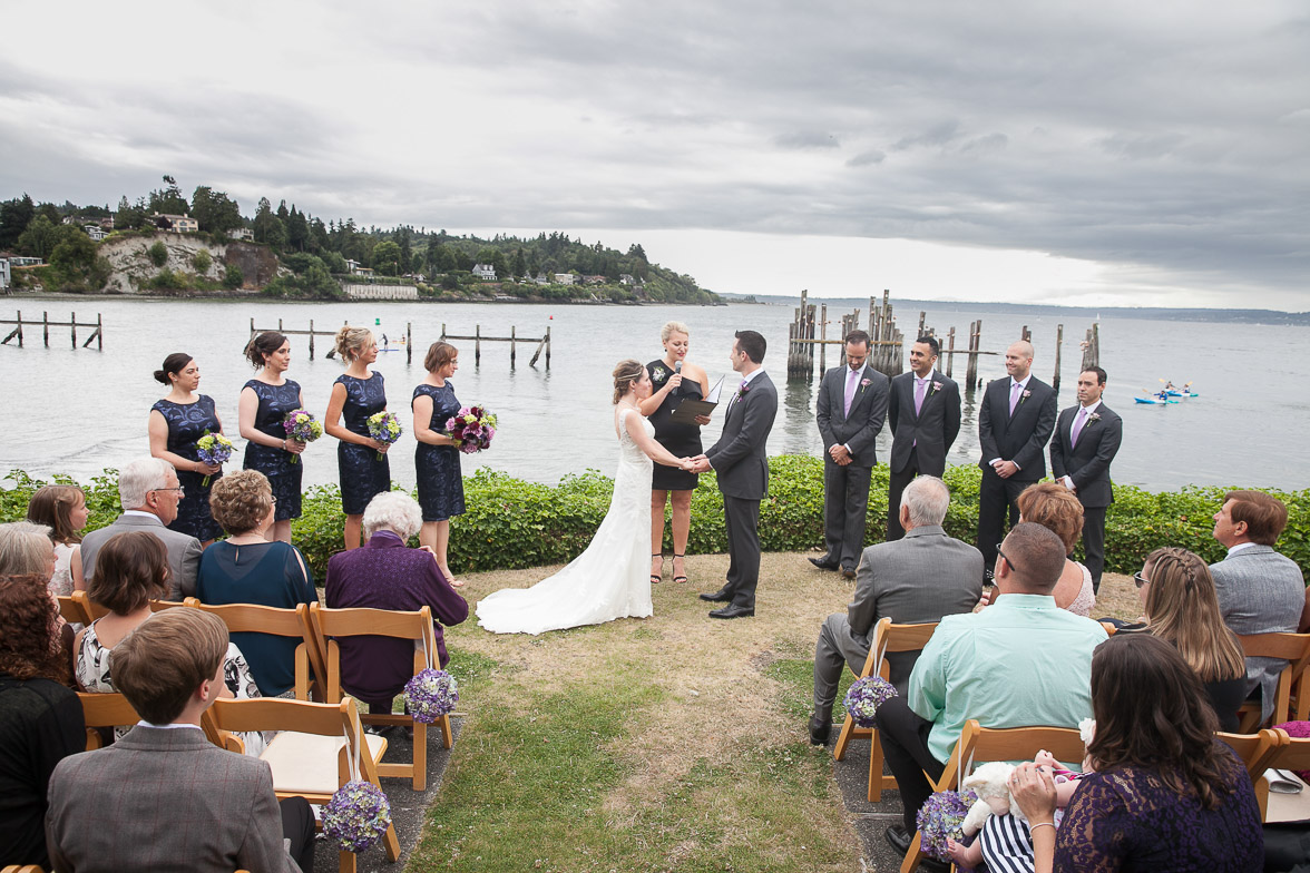 Seattle wedding photographer Tom Ellis Photography. Beachside wedding ceremony, with Puget Sound in the background