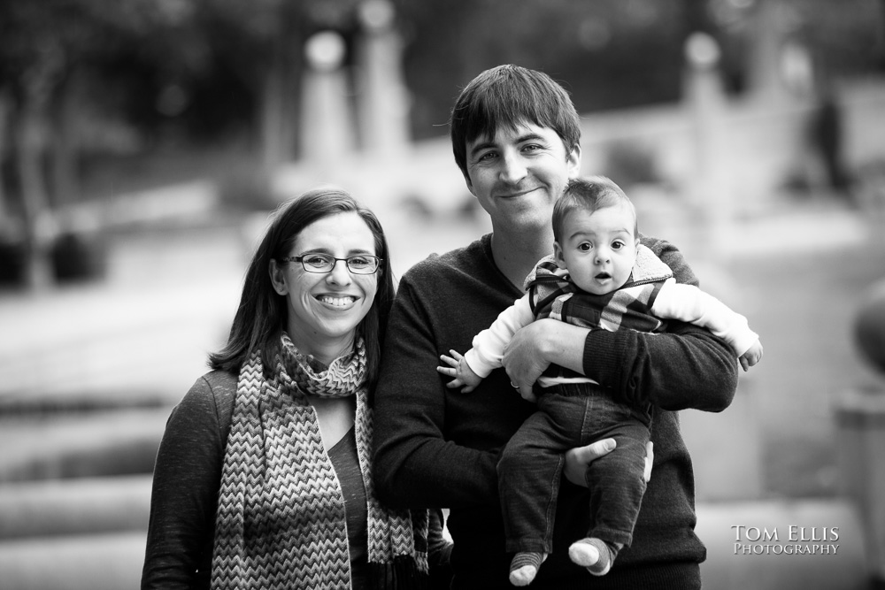 Black and white photo of family with baby boy