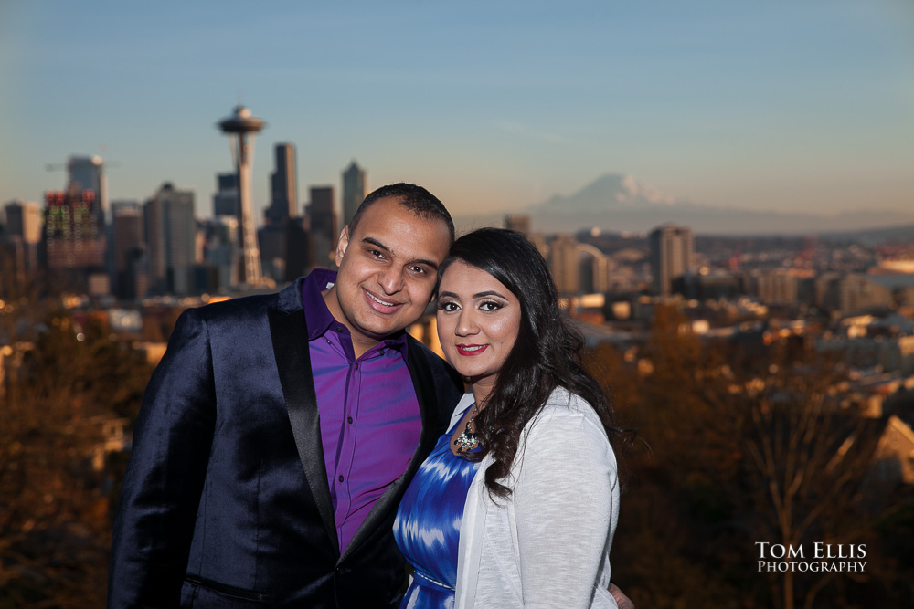 Engagement photo with Indian couple at Kerry Park in Seattle, Space Needle and Mt. Rainier in the background