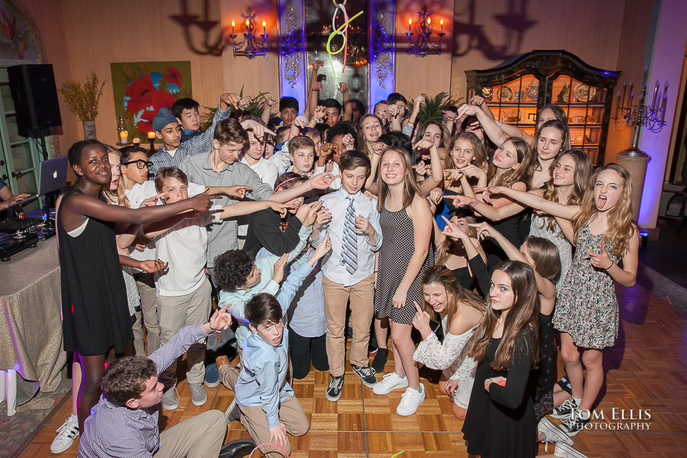 Sam and Isabel surrounded by their friends at their joint Mitzvah party at The Ruins