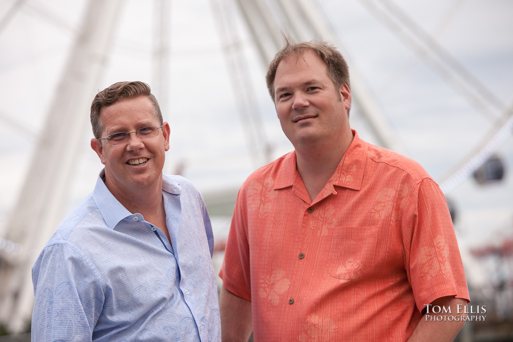 Chris and Matthew at the Seattle waterfront ferris wheel during their engagement photo session