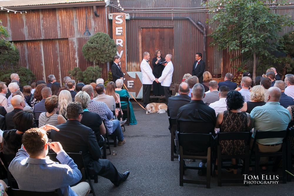 Wedding ceremony of male same-sex couple at the Georgetown Ballroom in Seattle