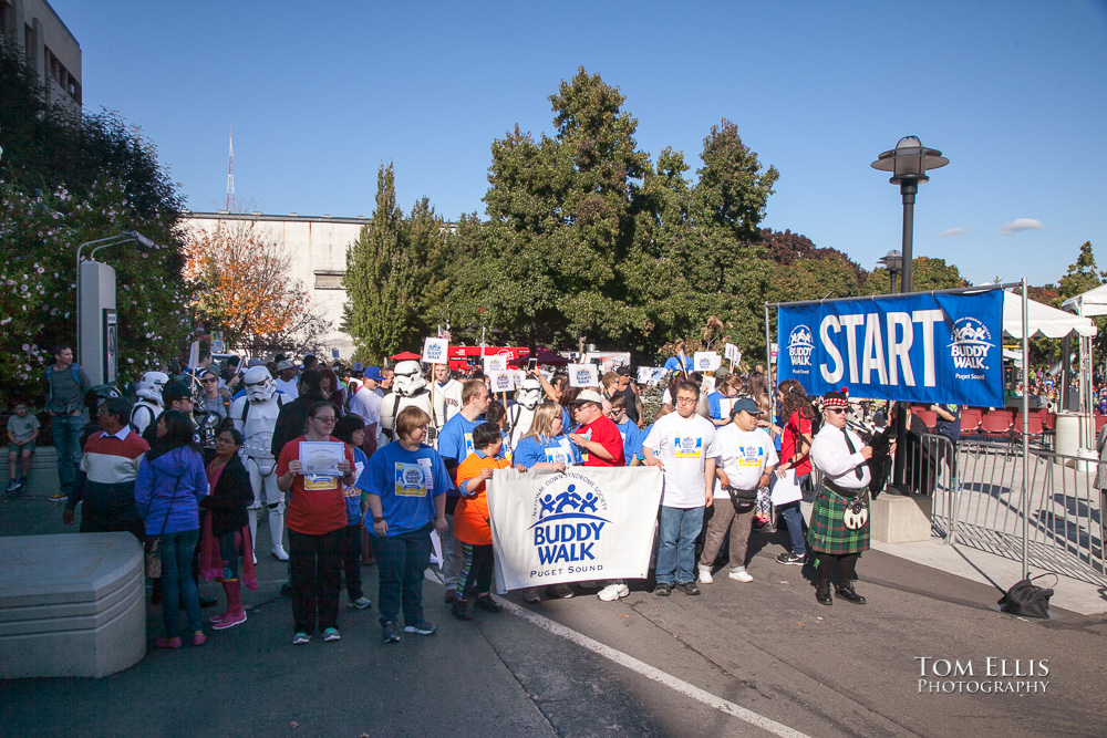 Participants at the 2016 Down Syndrome Community Buddy Walk just before starting the walk around Seattle Center