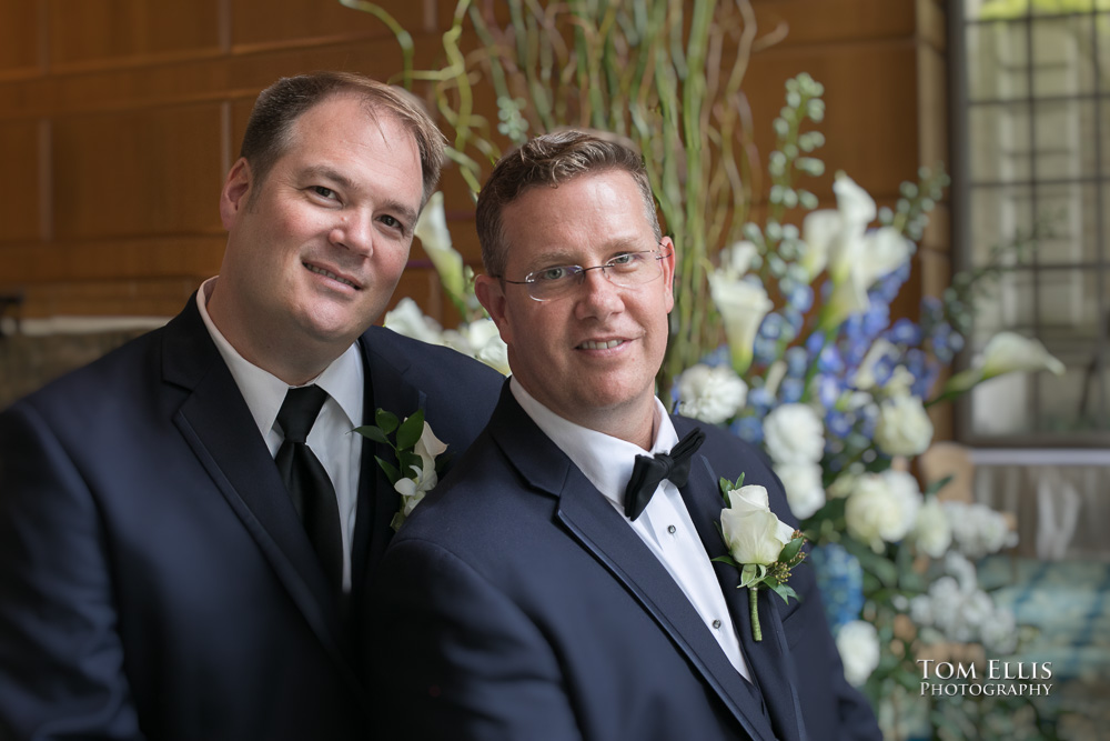 Chris and Matthew pose near the altar before their wedding at the Fairmont Olympic Hotel in Seattle