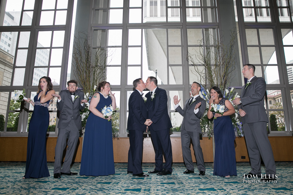 Same sex couple Chris and Matthew kiss at the altar while the wedding party reacts in surprise