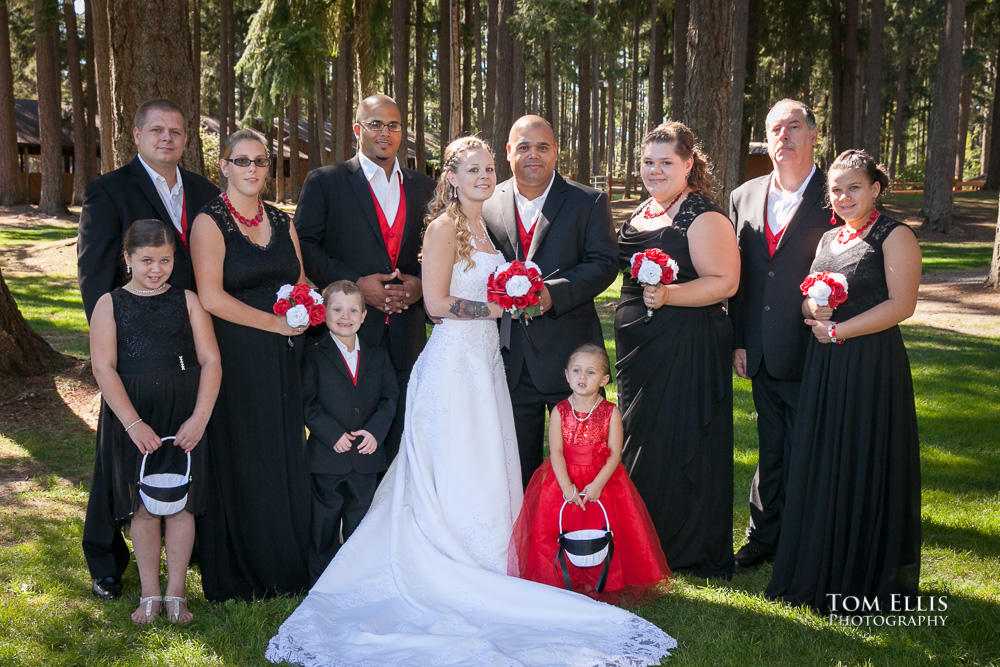 Wedding party posed together for a photo after the Seattle area wedding ceremony in Graham