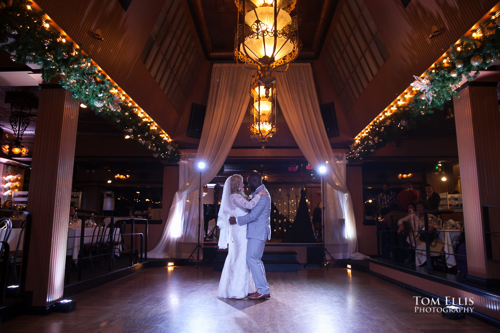 Miriah and Roemon share their first dance as new husband and wife during their Seattle wedding at the Lake Union Cafe