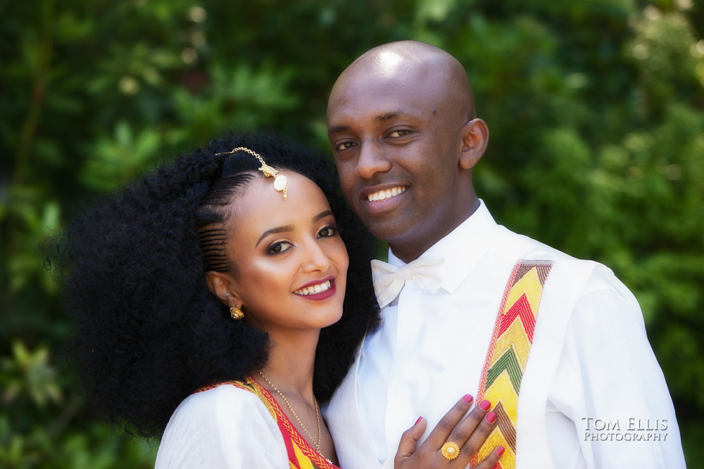 Seattle wedding portrait session at Kubota Garden, close up photo of bride and groom in traditional Ethiopian wedding clothes