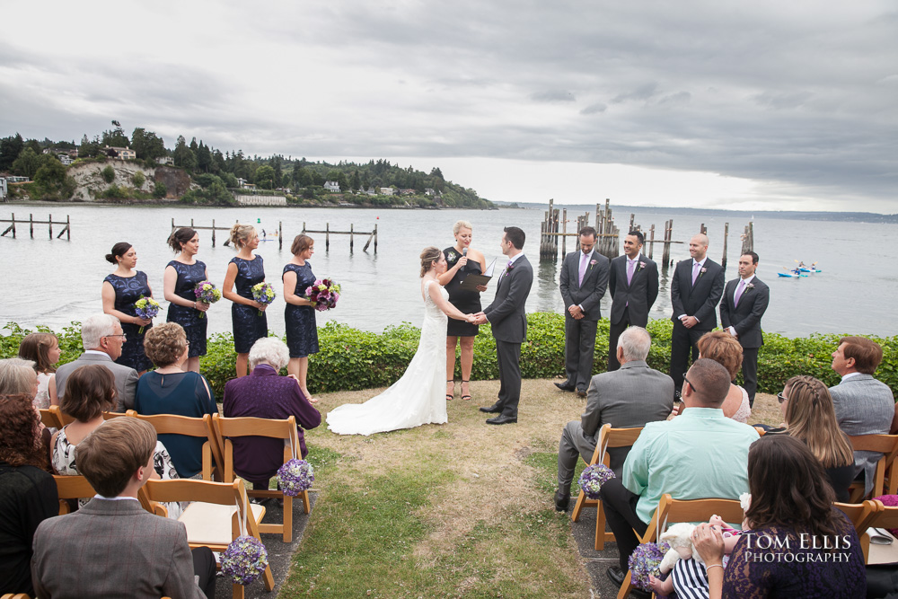 Wedding ceremony with Puget Sound background at the Ballard Bay Club in Seattle