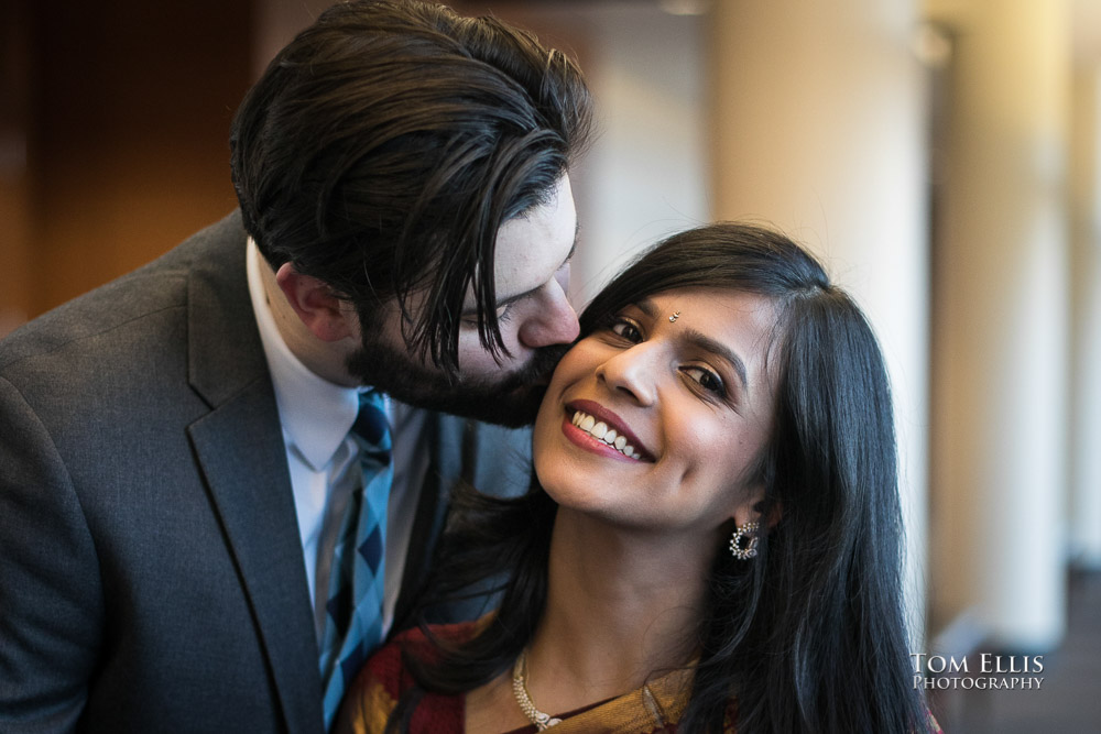 Sree and Josh as they are waiting for their Seattle courthouse wedding to begin, Tom Ellis Photography, Seattle wedding photographer