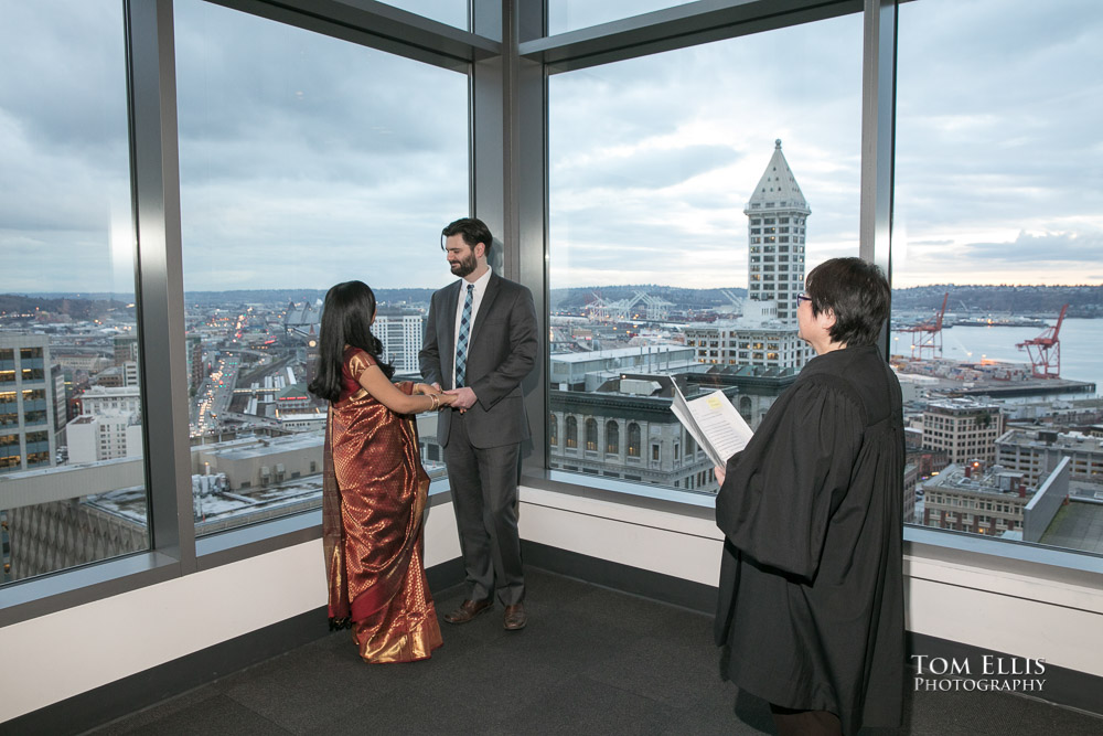 Sree and Josh during their Seattle Courthouse wedding ceremony, by Tom Ellis Photography, Seattle wedding photographer