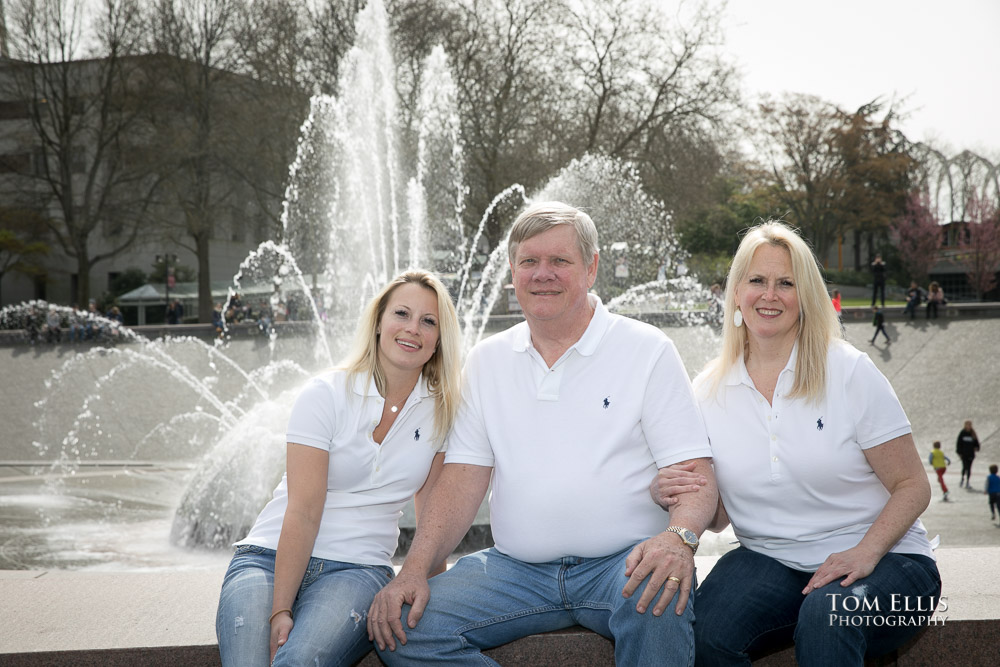Family photo at Seattle Center, with the Center Fountain in the background