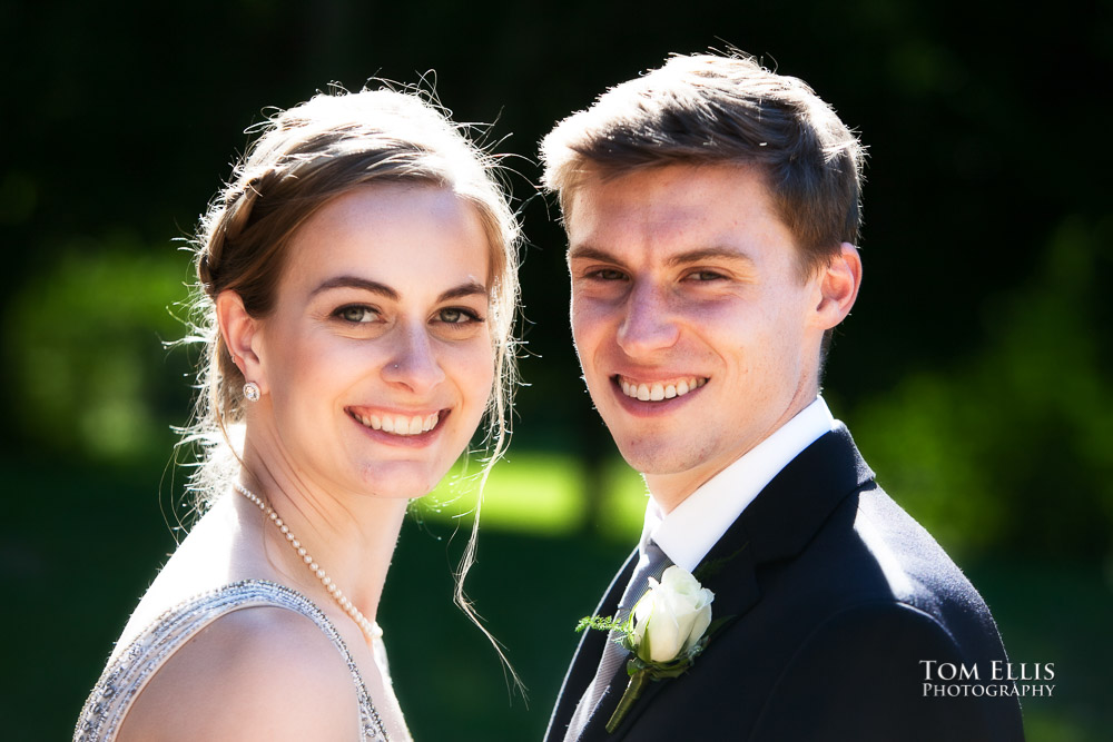 Close up photo of bride Grace and groom Tyler before their wedding ceremony at the Hall at Fauntleroy. Tom Ellis Photography, Seattle wedding photographer