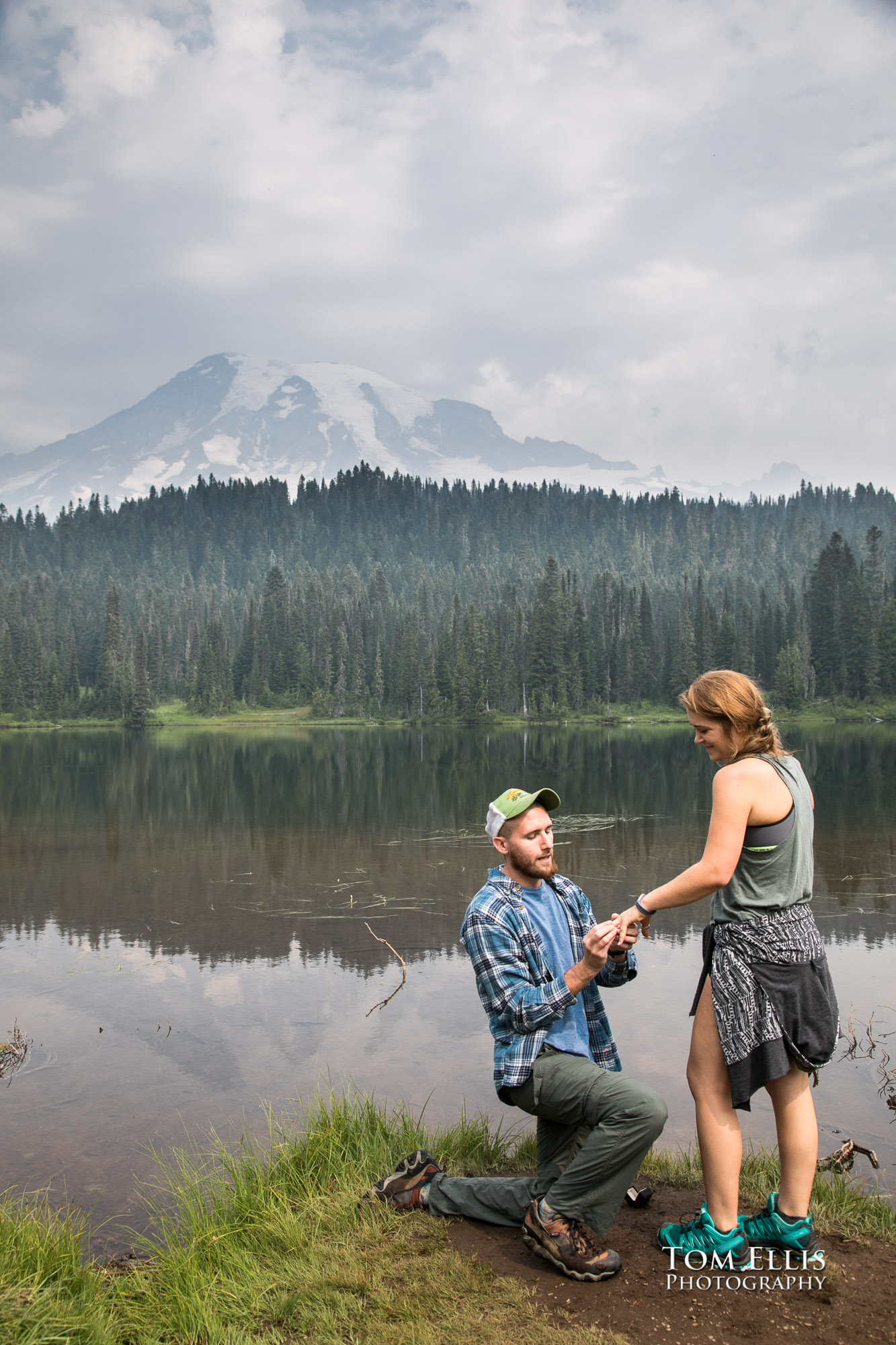 Derek's surprise proposal to Abby at Reflection Lake at Mount Rainier