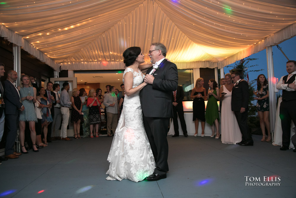 Newlywed couple Norma and Jeff share their first dance during their wedding reception at Palisade Restaurant. Tom Ellis Photography, Seattle's top-rated wedding photographer