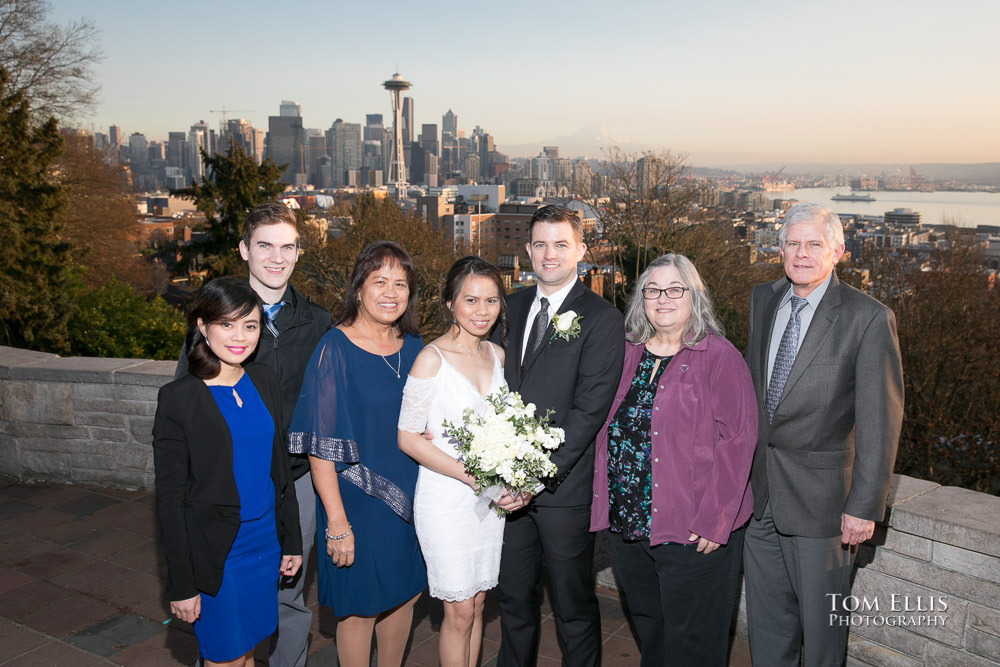 Paul Irene and their family and friends at Kerry Park for some pre-ceremony photos before their wedding at the Seattle Courthouse