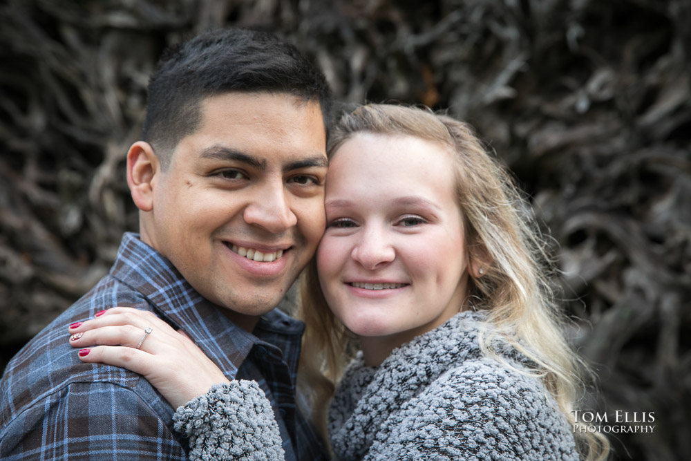 Close up photo of Heather and Joel during the engagement photo session following Joel's surprise wedding proposal at Willows Lodge, by Tom Ellis Photography