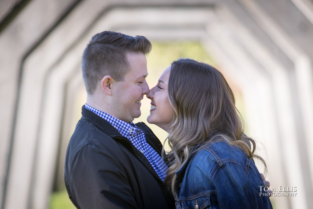 Close up of an eskimo kissby Kate and Kevin during their engagement photo session at Gas Works Park