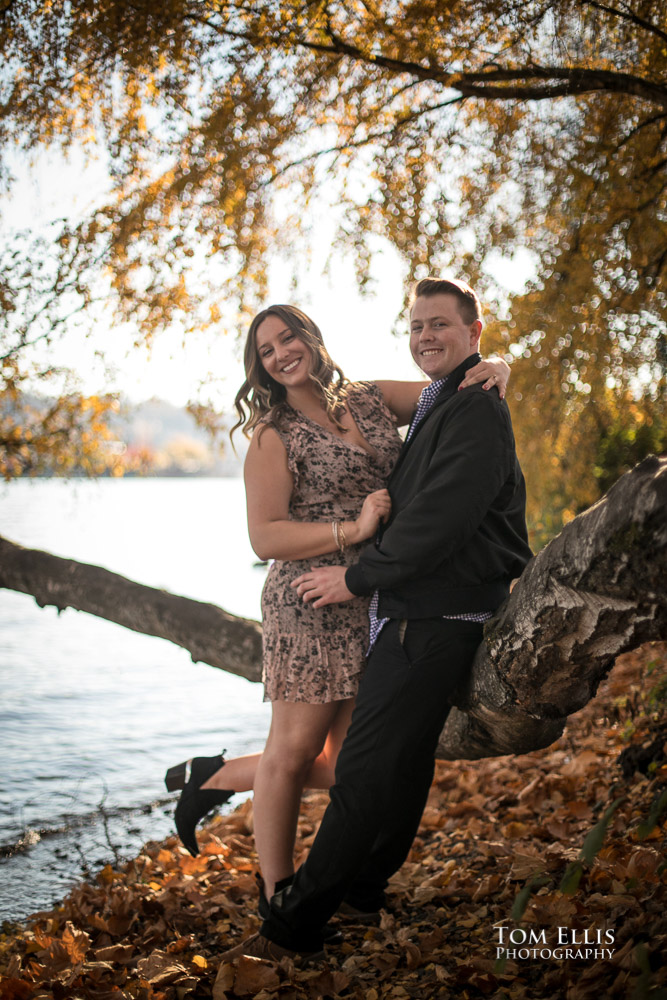 Kate and Kevin with the fall color leaves during their engagement photo session at Gas Works Park