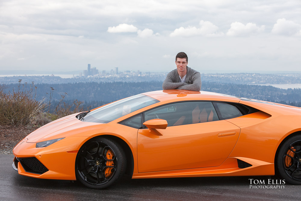 Luke with his orange Lamborghini during his senior photo session at Newcastle Golf Club. Tom Ellis Photography, Seattle senior photographer