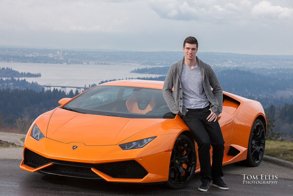 Luke with his orange Lamborghini during his senior photo session at Newcastle Golf Club. Tom Ellis Photography, Seattle senior photographer