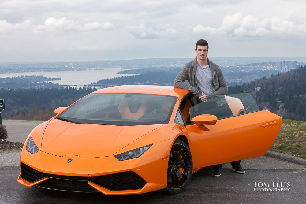 Luke with his orange Lamborghini during his senior photo session at Newcastle Golf Club. Tom Ellis Photography, Seattle senior photographer