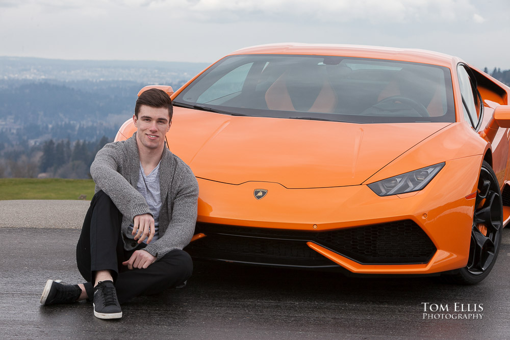 Luke with his orange Lamborghini during his senior photo session at Newcastle Golf Club. Tom Ellis Photography, Seattle senior photographer