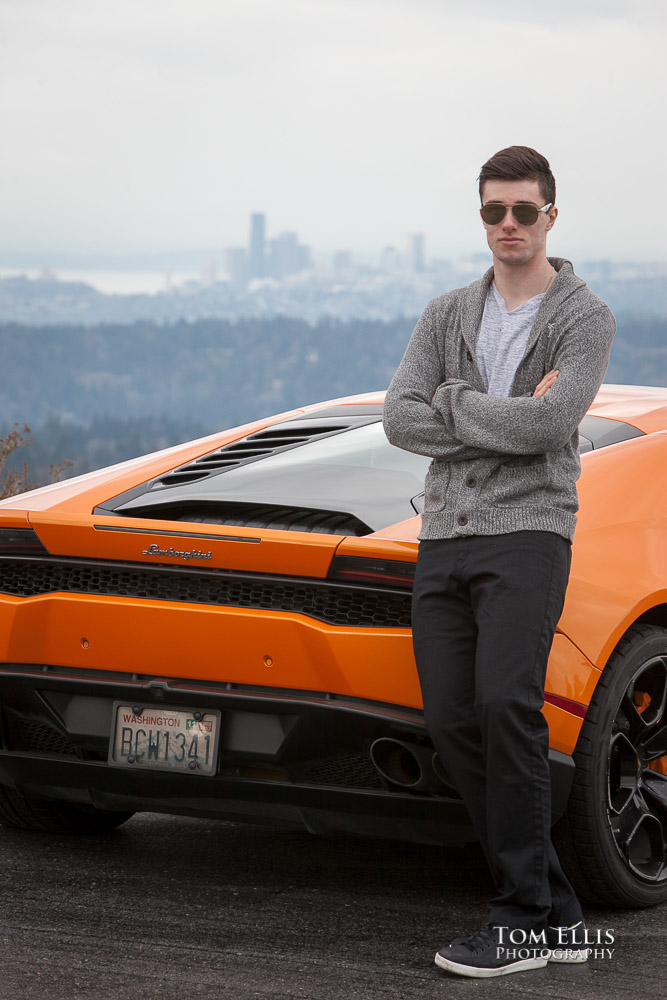 Luke looking very cool in his sunglasses with his orange Lamborghini during his senior photo session at Newcastle Golf Club. Tom Ellis Photography, Seattle senior photographer
