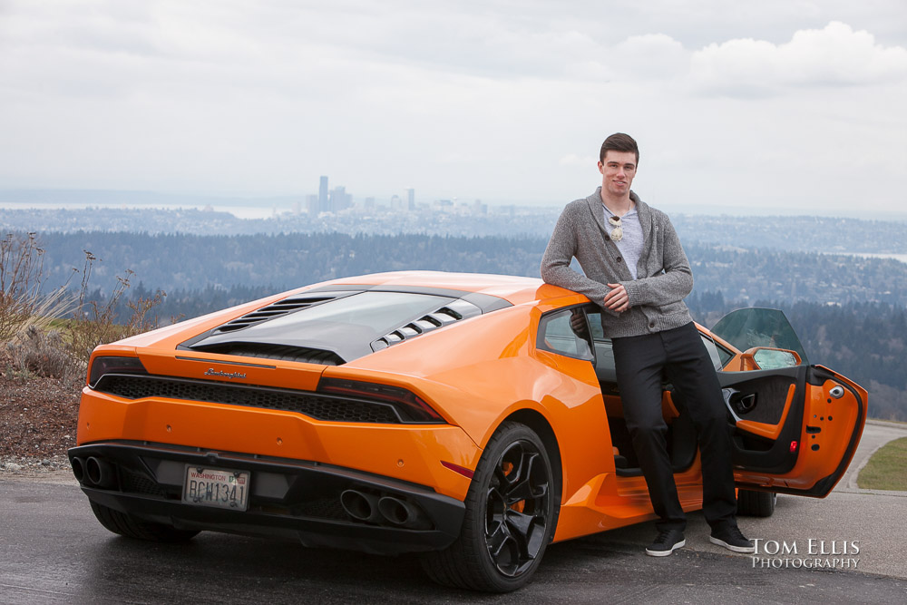 Luke leans on his orange Lamborghini during his senior photo session at Newcastle Golf Club. Tom Ellis Photography, Seattle senior photographer