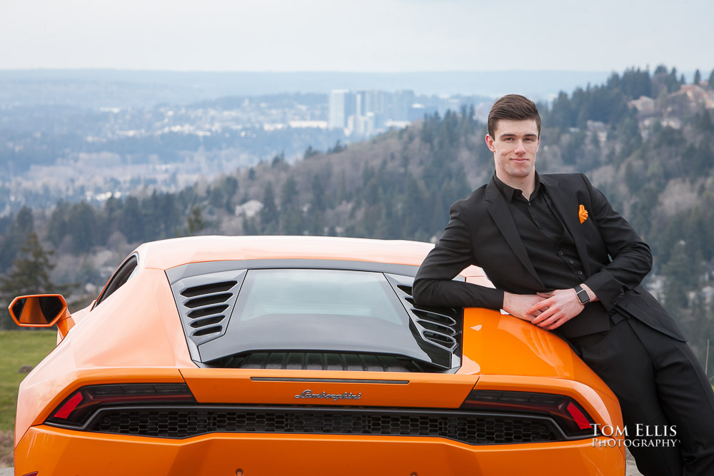 Luke with his orange Lamborghini during his senior photo session at Newcastle Golf Club. Tom Ellis Photography, Seattle senior photographer