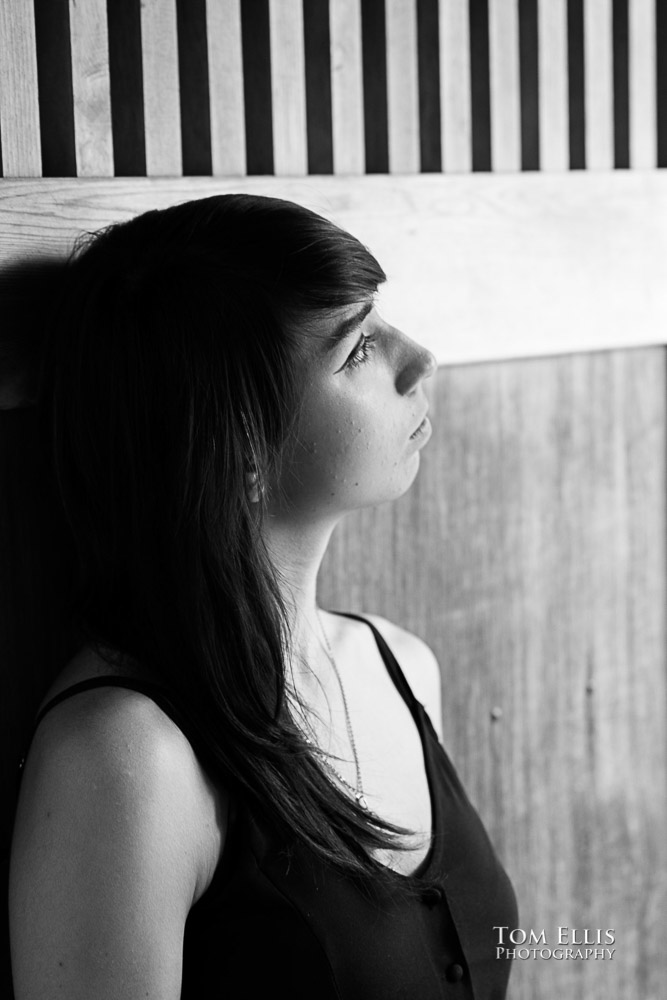 Black and white photo of Beautiful high school senior girl during her senior photo session at Bellevue Botanical Gardens