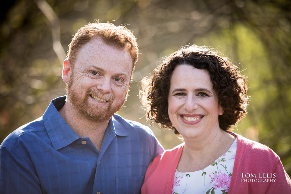 Close up photo of engaged couple at Bellevue Botanical Garden. Tom Ellis Photography, Seattle engagement photographer