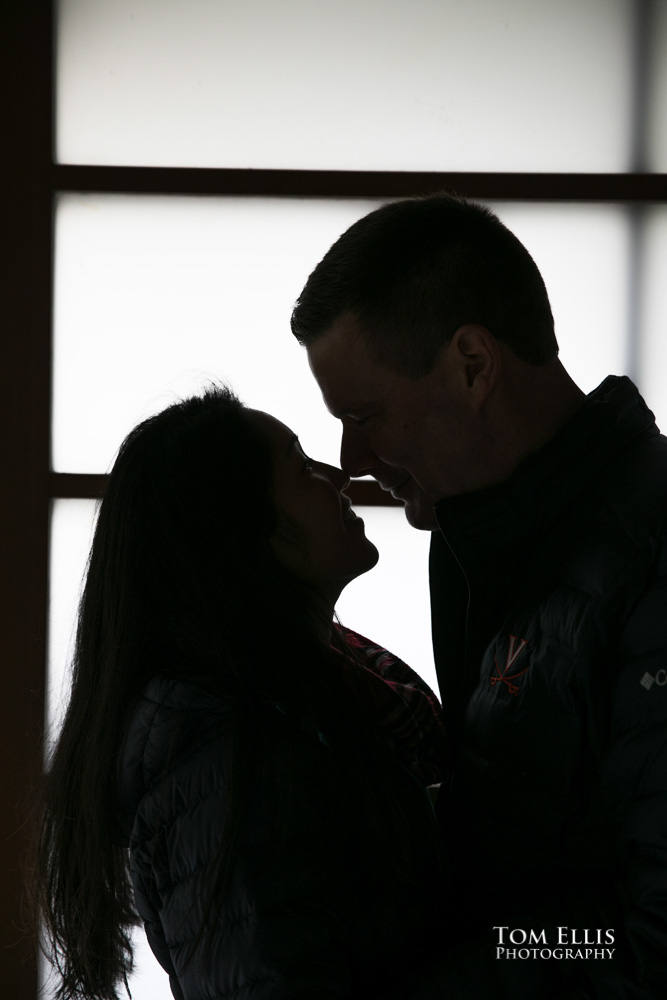 Sillouette of Elaina and Trip during our Seattle area engagement photo session at the Bellevue Botanical Garden