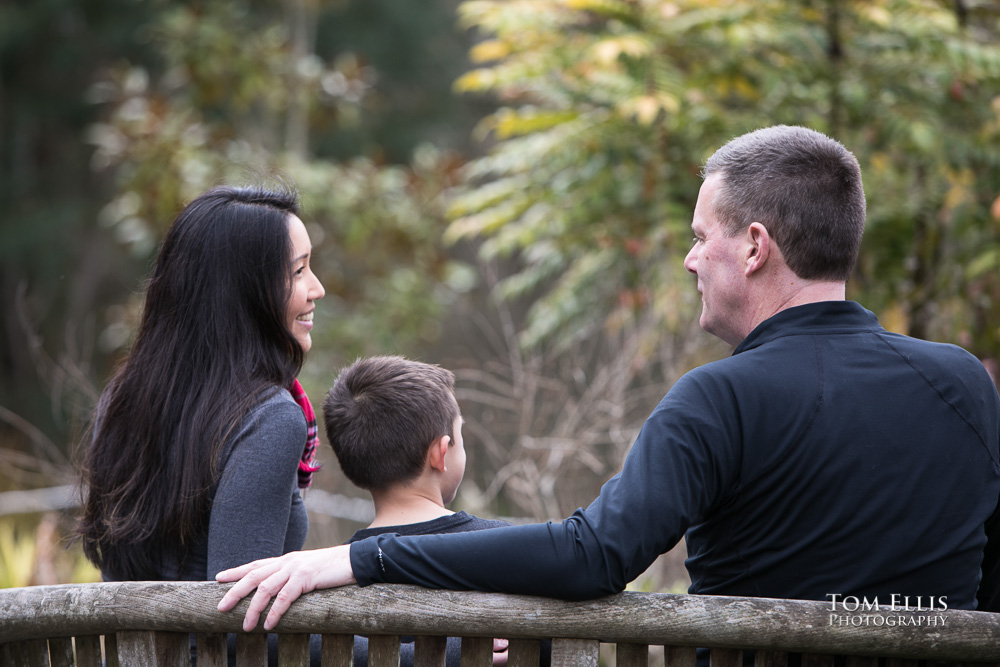 Elaina, trip and Jonathan take a break during our Seattle area engagement photo session at the Bellevue Botanical Garden