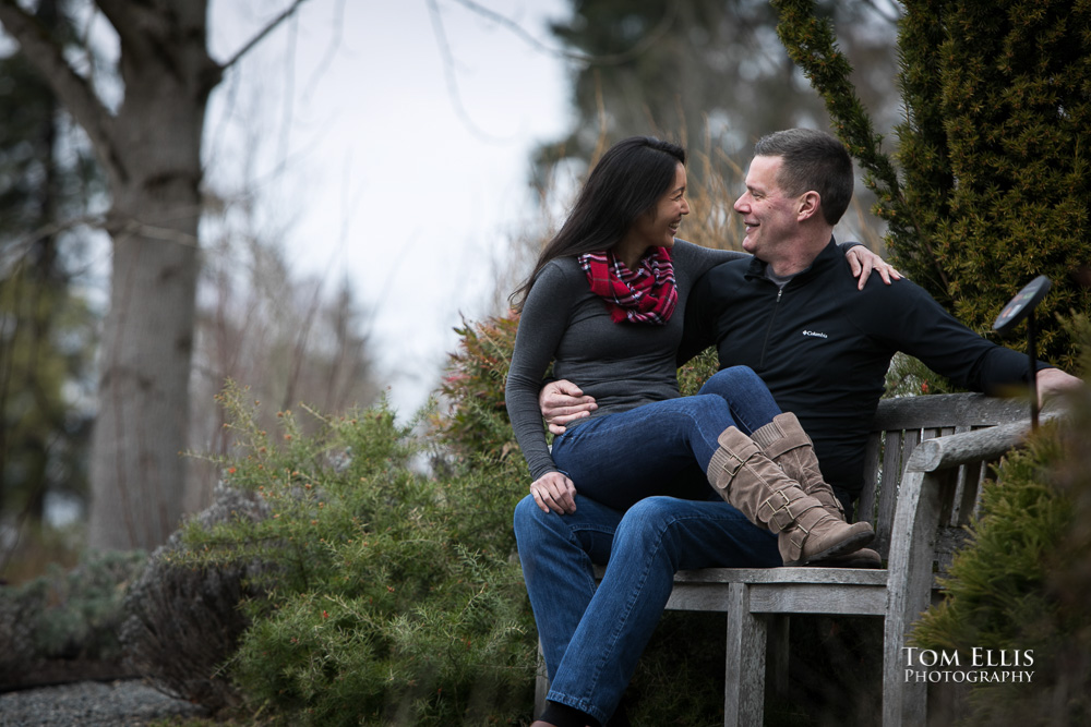 Elaina and Trip get playful during our Seattle area engagement photo session at the Bellevue Botanical Garden