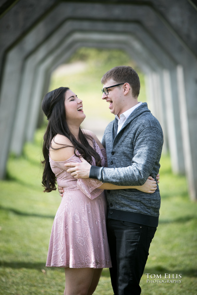Yoshimi and Jake share a laugh during their engagement photo session at Gas Works Park
