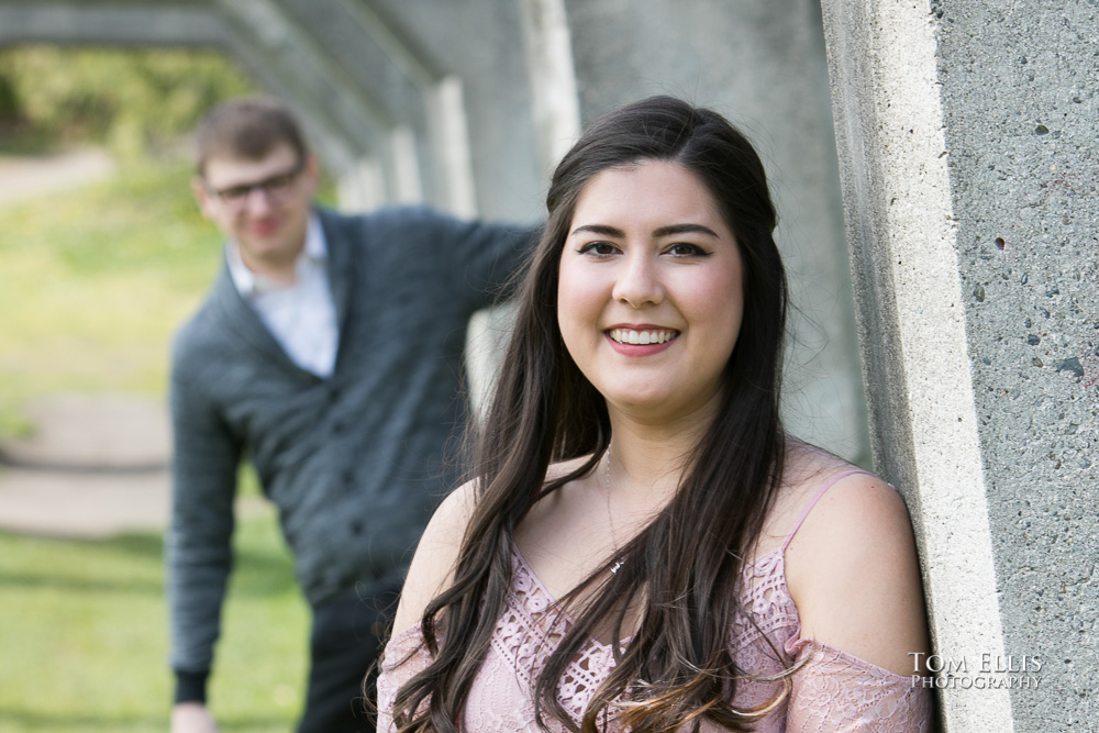 Yoshimi and Jake get silly during their engagement photo session at Gas Works Park