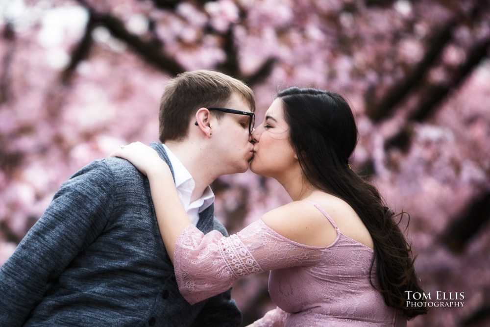 Yoshimi and Jake kiss in front of the cherry trees during their engagement photo session at the UW campus