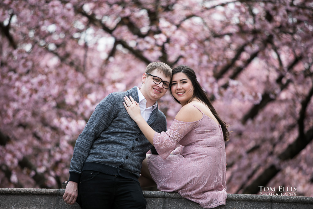 Yoshimi and Jake pose with the cherry trees during their engagement photo session at the UW campus