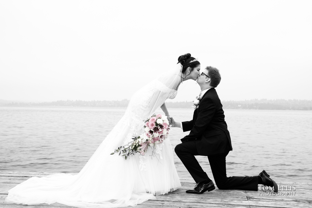 Bride and groom kiss during their pre-ceremony photo session. Tom Ellis Photography, Seattle wedding photographer