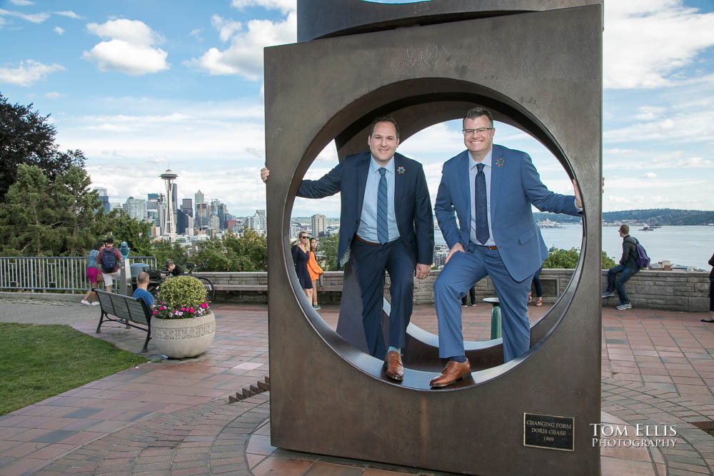 John and Terry pose for a photo at Kerry Park after their same-sex elopement wedding at the Seattle Courthouse. Tom Ellis Photography