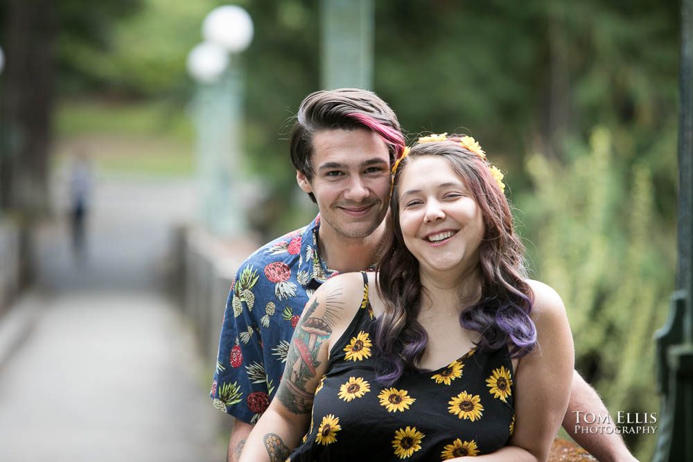 Close up of Aimee and Jordan during their Seattle engagement photo session at the Washington Arboretum