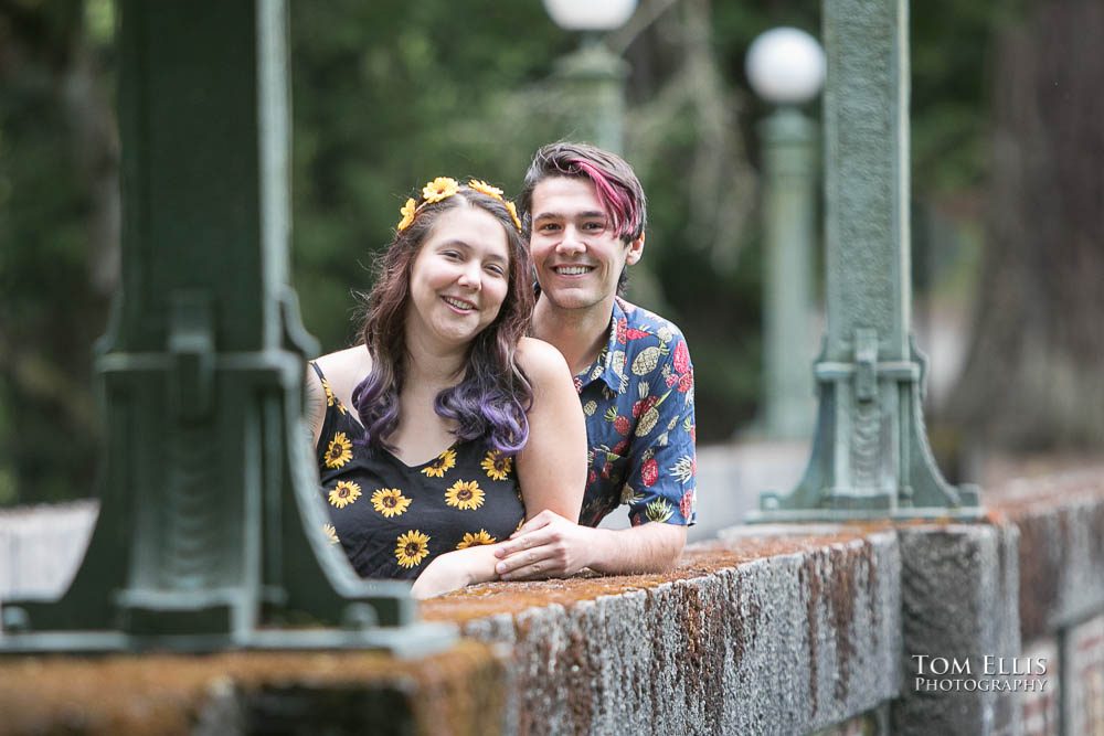 Close up of Aimee and Jordan on the pedestrian bridge during their Seattle engagement photo session at the Washington Arboretum