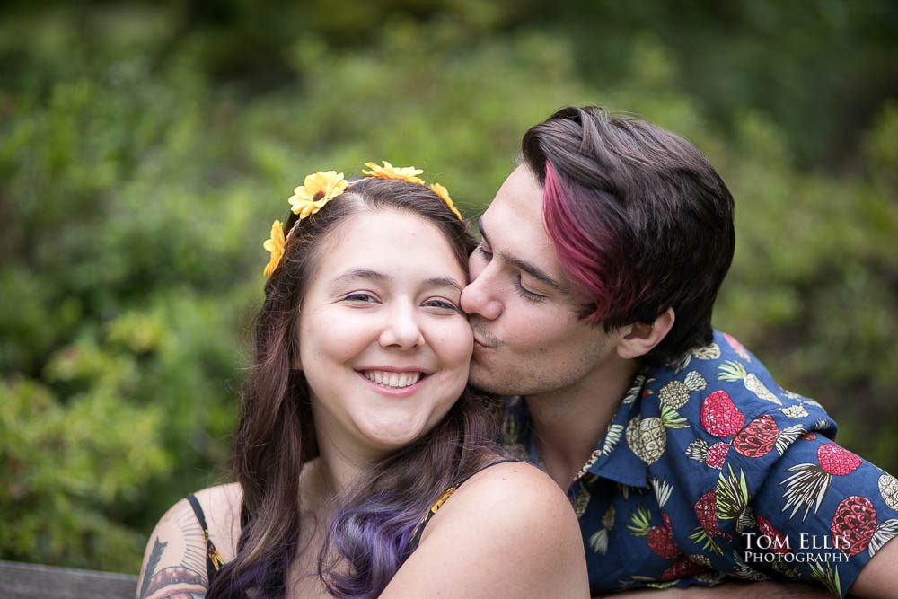 Close up of Aimee and Jordan kissing during their Seattle engagement photo session at the Washington Arboretum