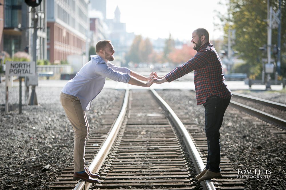 Michael and Ryan during their Seattle same-sex/LGBT engagement photo session on the Seattle waterfront