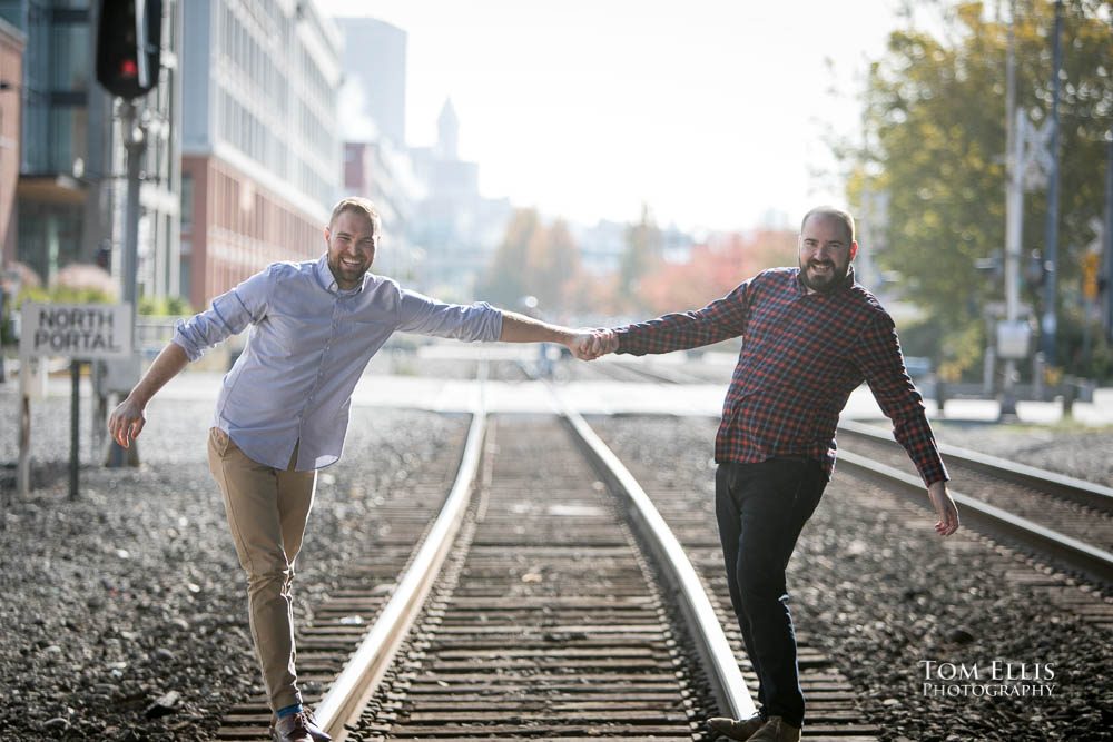 Michael and Ryan during their Seattle same-sex/LGBT engagement photo session on the Seattle waterfront